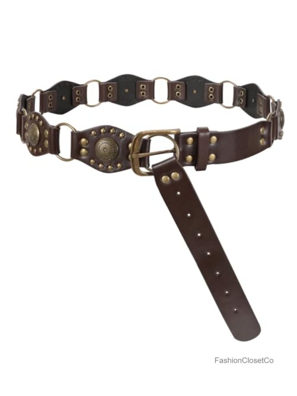 Western Concho Rivet Belt PU Leather Boho Waist Belt for Skirts Jeans